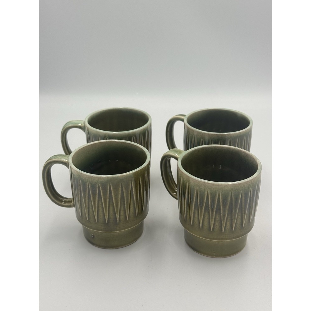 Set of 4 - Green‎ Glazed Coffee Cups - Marked Japan